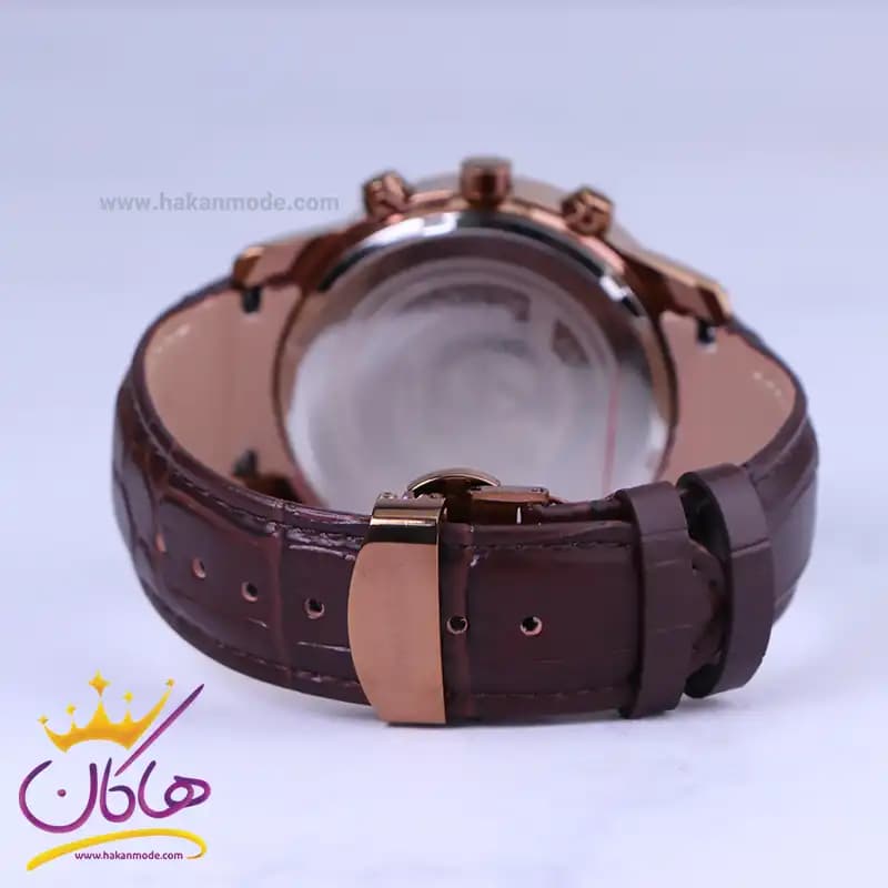 ساعت عقربه ای رومانسون مردانه بند چرم قهوه ای قاب رزگلد G2072/1 — تصویر ۲
