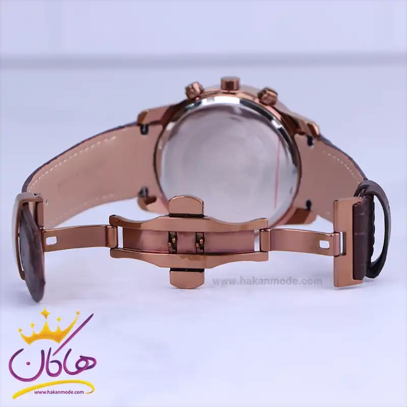 ساعت عقربه ای رومانسون مردانه بند چرم قهوه ای قاب رزگلد G2072/1 — تصویر ۳