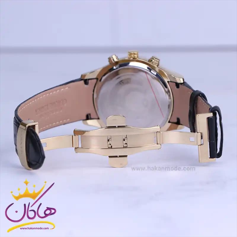 ساعت عقربه ای رومانسون مردانه بند چرم مشکی قاب طلایی G2098/1 — تصویر ۲