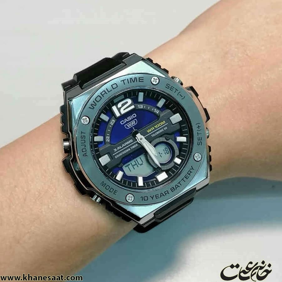 ساعت کاسیو مردانه بند رابر مشکی قاب نقره ای دو زمانه MWQ-100-2AVDF — تصویر ۷