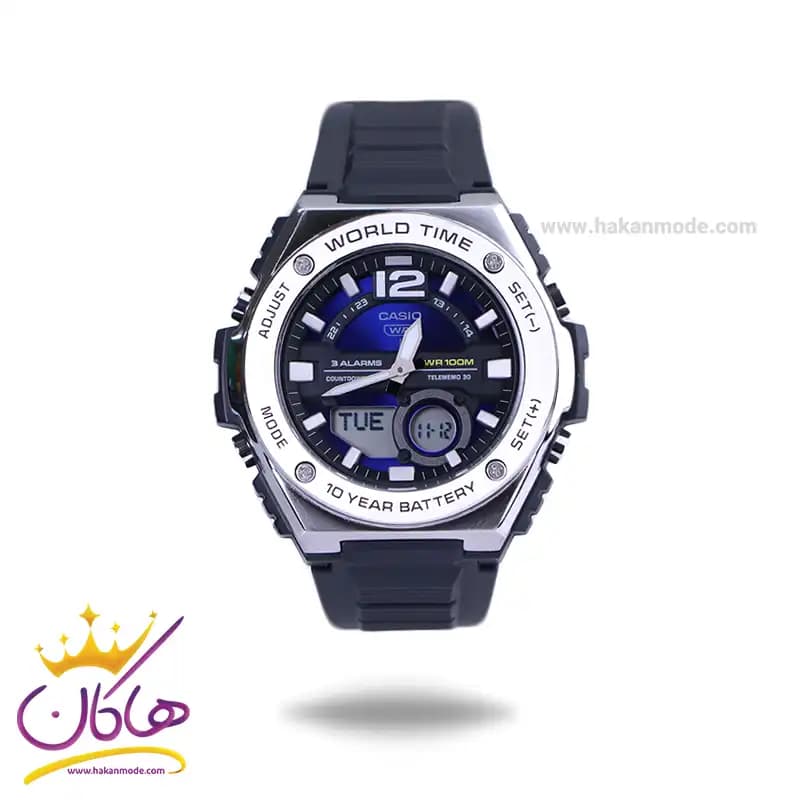 ساعت کاسیو مردانه بند رابر مشکی قاب نقره ای دو زمانه MWQ-100-2AVDF