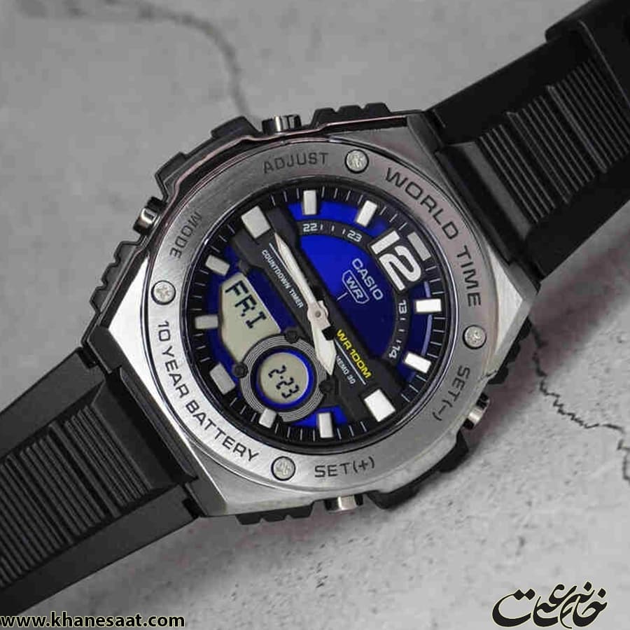 ساعت کاسیو مردانه بند رابر مشکی قاب نقره ای دو زمانه MWQ-100-2AVDF — تصویر ۶