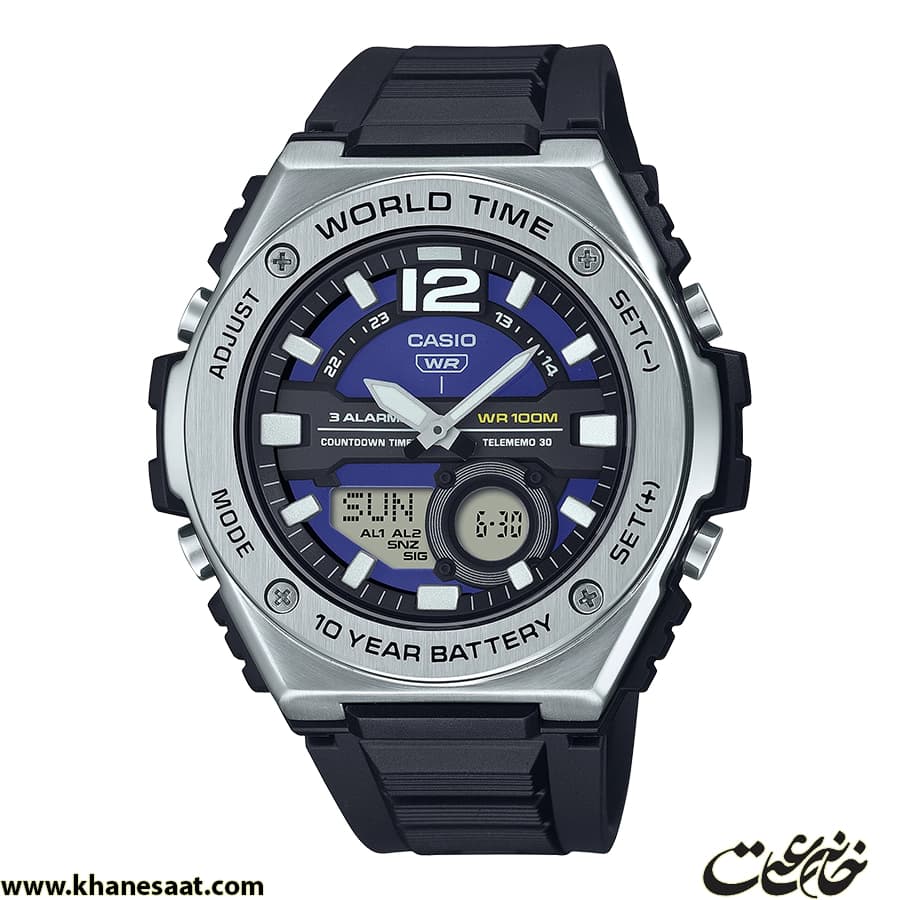 ساعت کاسیو مردانه بند رابر مشکی قاب نقره ای دو زمانه MWQ-100-2AVDF — تصویر ۳