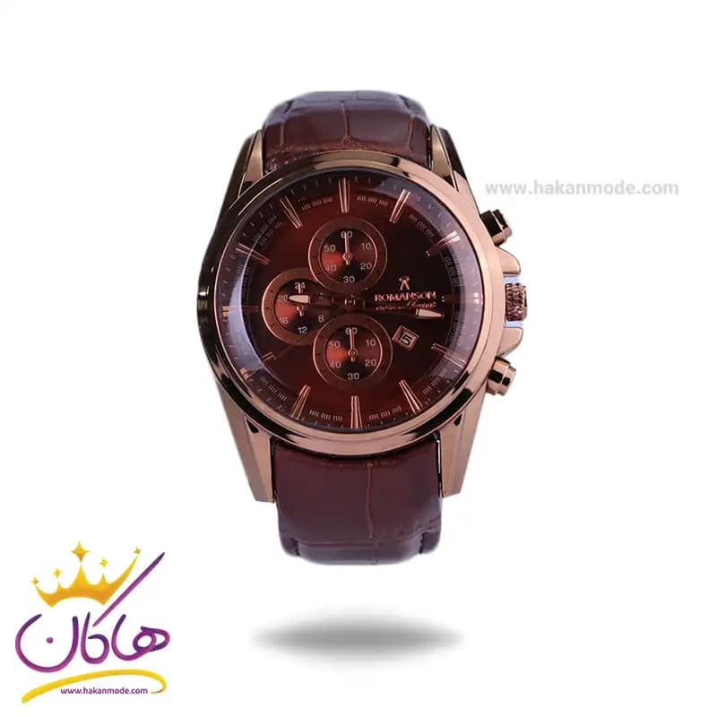 ساعت عقربه ای رومانسون مردانه بند چرم قهوه ای قاب رزگلد G2102/1