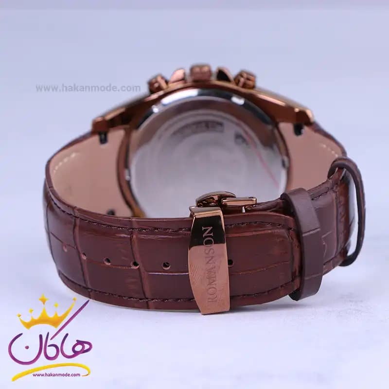 ساعت عقربه ای رومانسون مردانه بند چرم قهوه ای قاب رزگلد G2102/1 — تصویر ۲