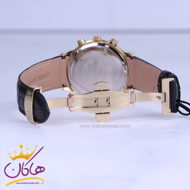 ساعت عقربه ای الگانس مردانه بند چرم مشکی قاب طلایی G2095/4 — تصویر ۳