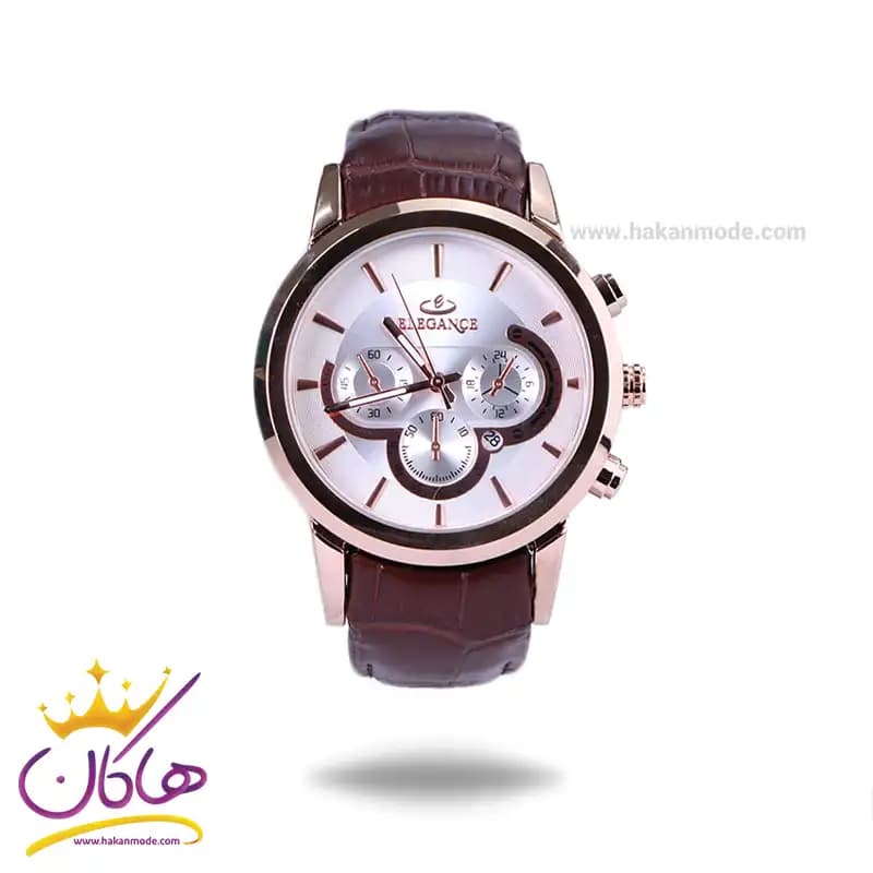 ساعت عقربه ای الگانس مردانه بند چرم قهوه ای قاب رزگلد G2091/2