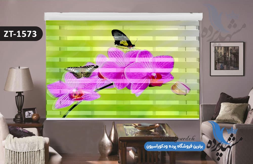 پرده زبرا تصویری چاپی طرح گل بنفش کد ZT1573