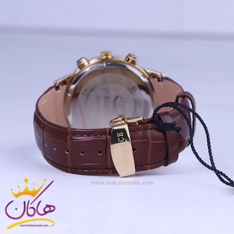 ساعت عقربه ای الگانس مردانه بند چرم قهوه ای قاب طلایی G2095/1 — تصویر ۲