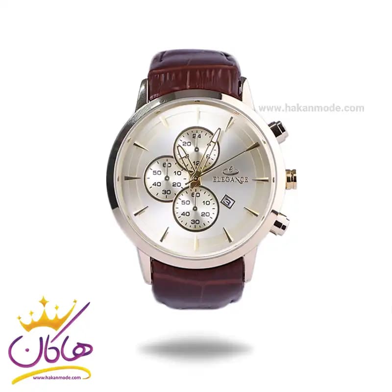 ساعت عقربه ای الگانس مردانه بند چرم قهوه ای قاب طلایی G2095/1