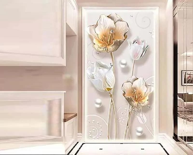 پوستر دیواری سه بعدی گل های طلایی و سفید — تصویر ۲