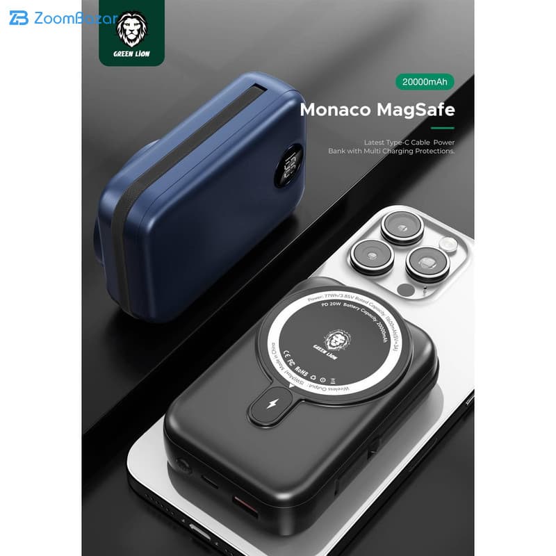 پاوربانک گرین لاین 20000 میلی آمپر 22.5 وات مدل Monaco MagSafe — تصویر ۳