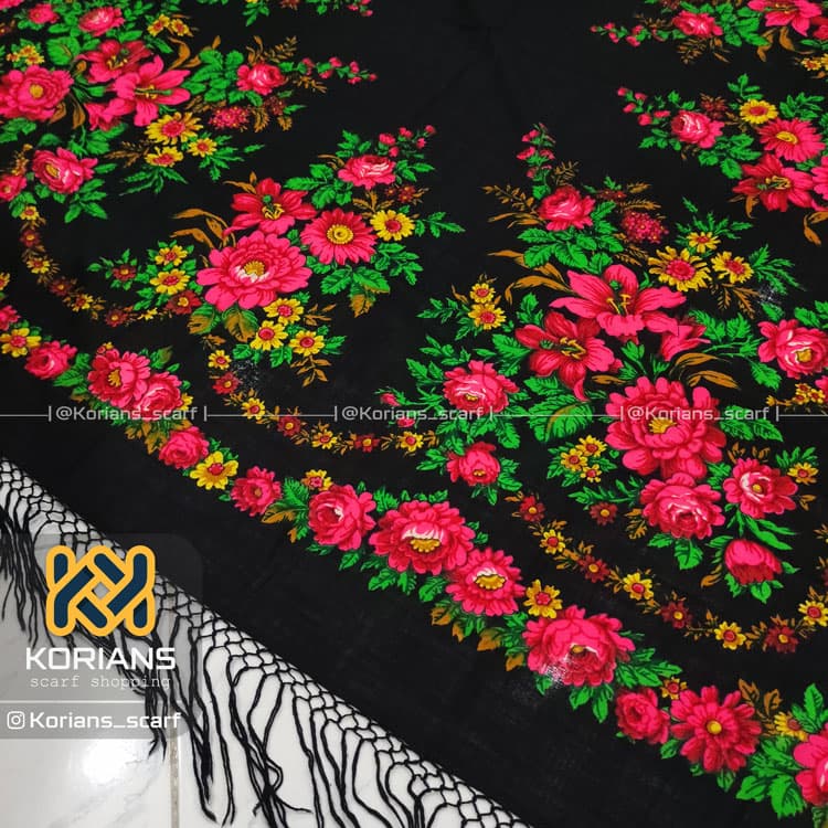 روسری ترکمن مشکی گل قرمز کد Rw8871 — تصویر ۳