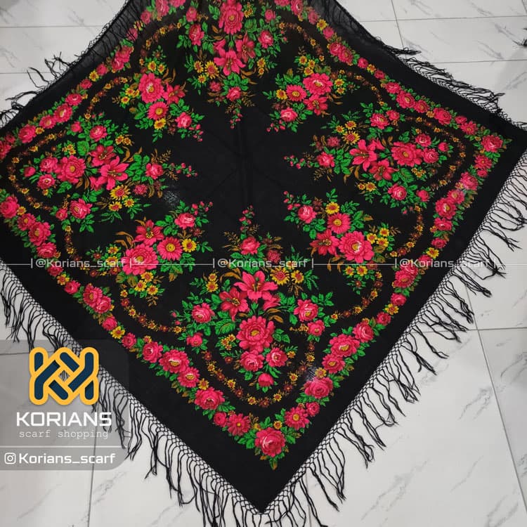 روسری ترکمن مشکی گل قرمز کد Rw8871 — تصویر ۲