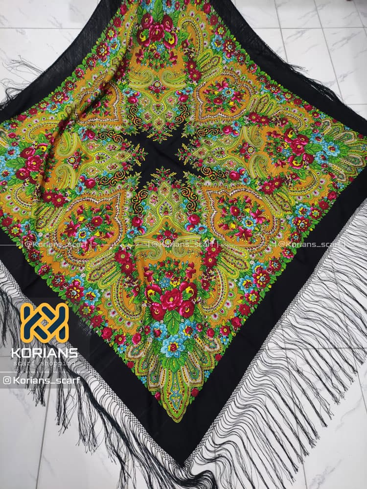 روسری ترکمنی پشمی زمینه مشکی کد Rw8841 — تصویر ۲