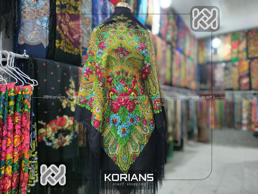 روسری ترکمنی پشمی زمینه مشکی کد Rw8841