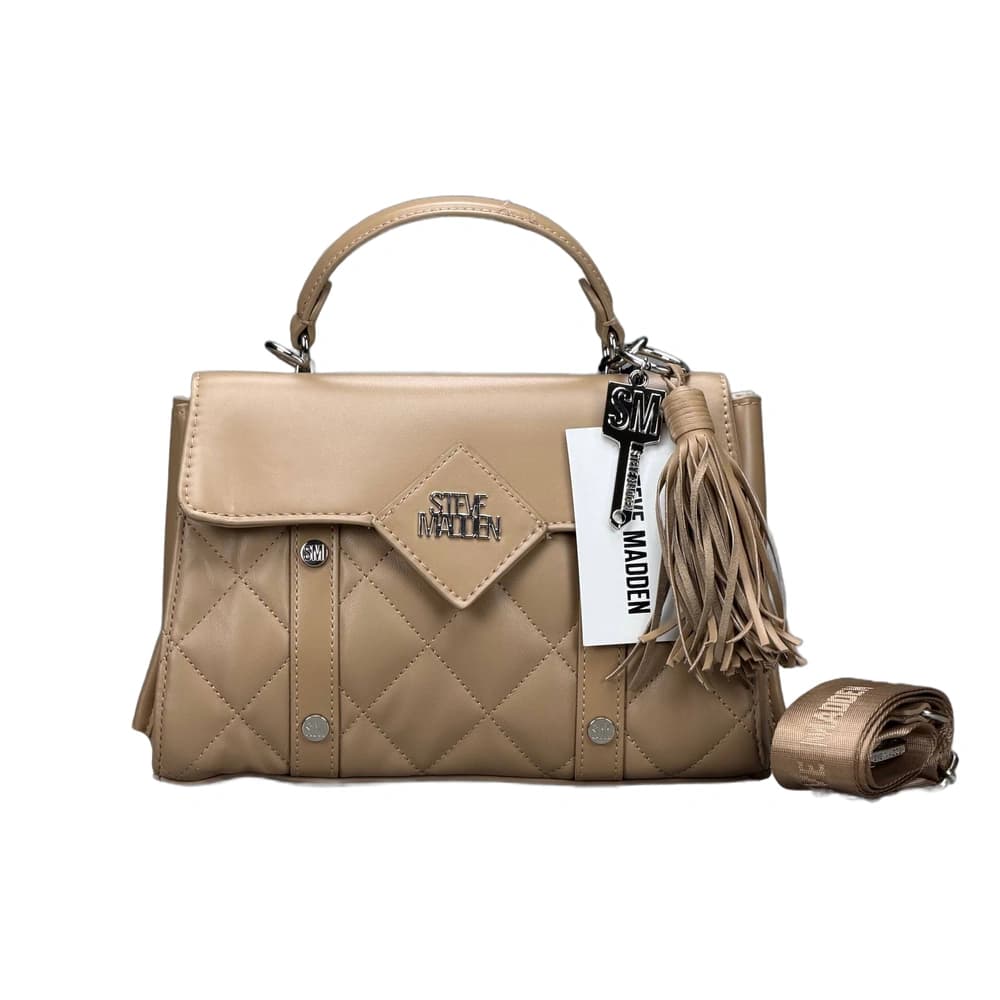 کیف دستی و دوشی اورجینال برند استیو مدن (Steve Madden) | بند یکطرفه برزنتی و جدا شدنی با چارم بگ منگوله و کلید فلزی