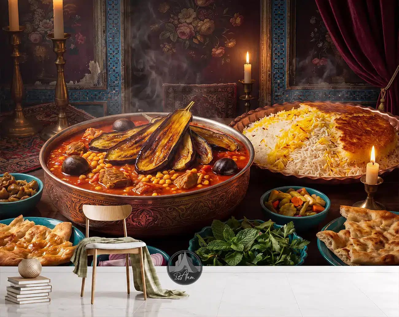 پوستر دیواری خورشت قیمه بادمجان کنار شمع کد DA-(1177) | دکور رستوران سنتی