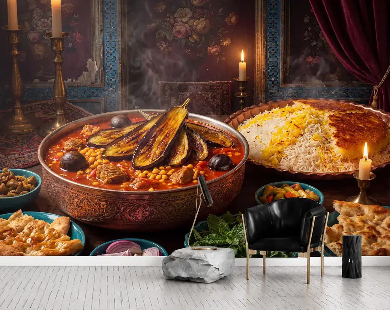 پوستر دیواری خورشت قیمه بادمجان کنار شمع کد DA-(1177) | دکور رستوران سنتی — تصویر ۴