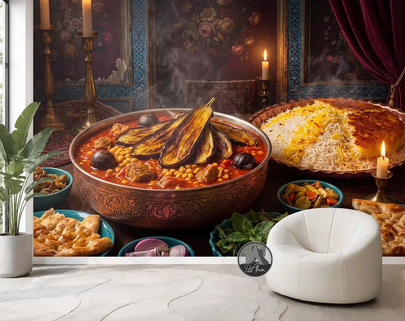 پوستر دیواری خورشت قیمه بادمجان کنار شمع کد DA-(1177) | دکور رستوران سنتی — تصویر ۳