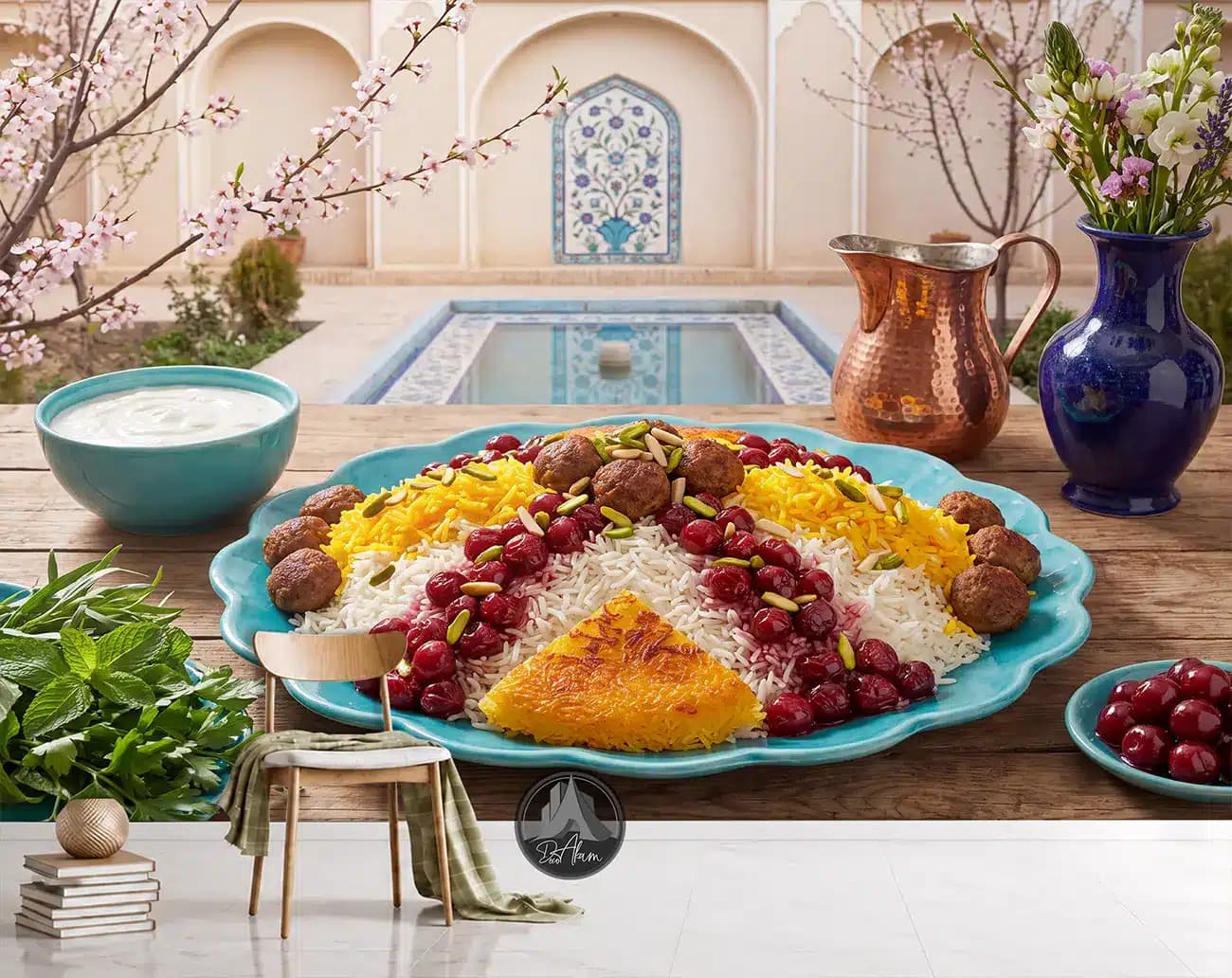 پوستر دیواری آلبالو پلو با گوشت قلقلی در حیاط بهاری کد DA-(1171) | دکور غذاخوری — تصویر ۴