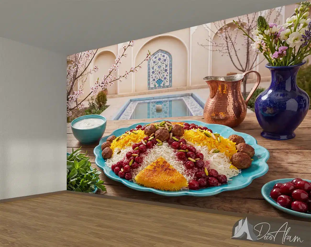 پوستر دیواری آلبالو پلو با گوشت قلقلی در حیاط بهاری کد DA-(1171) | دکور غذاخوری — تصویر ۲