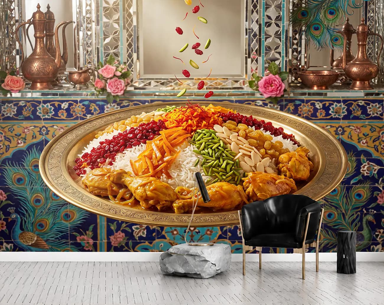 پوستر دیواری مرصع پلو با مرغ و خلال‌های رنگی کد DA-(1170) | دکور رستوران ایرانی — تصویر ۴