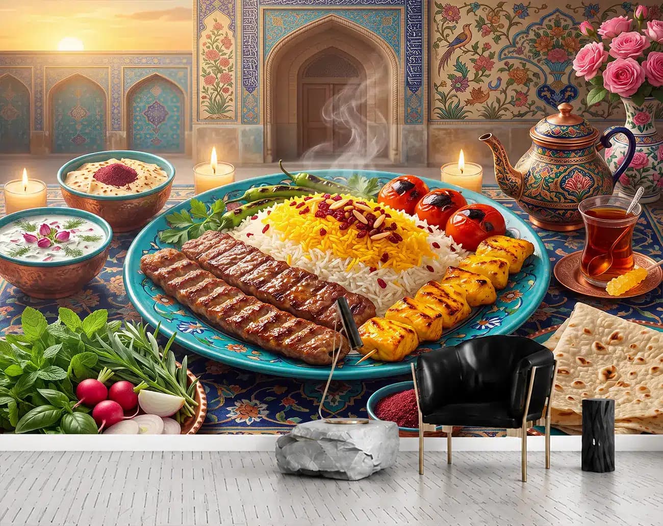 پوستر دیواری چلوکباب و جوجه در دیس فیروزهای کد DA-(1163) | دکور چلوکبابی