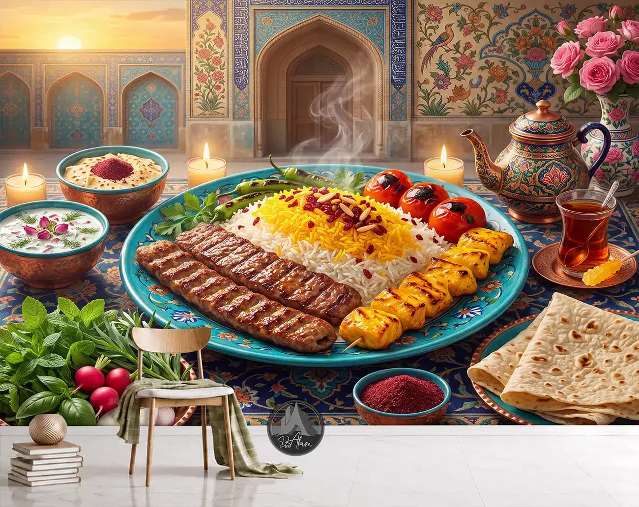 پوستر دیواری چلوکباب و جوجه در دیس فیروزه‌ای کد DA-(1163) | دکور چلوکبابی — تصویر ۴