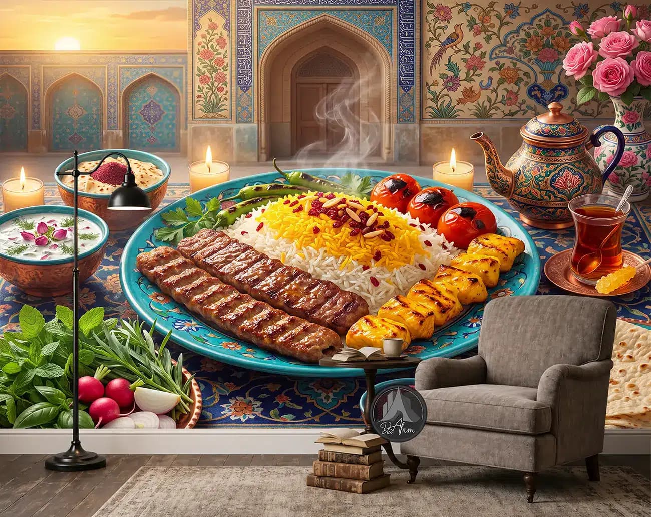 پوستر دیواری چلوکباب و جوجه در دیس فیروزه‌ای کد DA-(1163) | دکور چلوکبابی — تصویر ۳