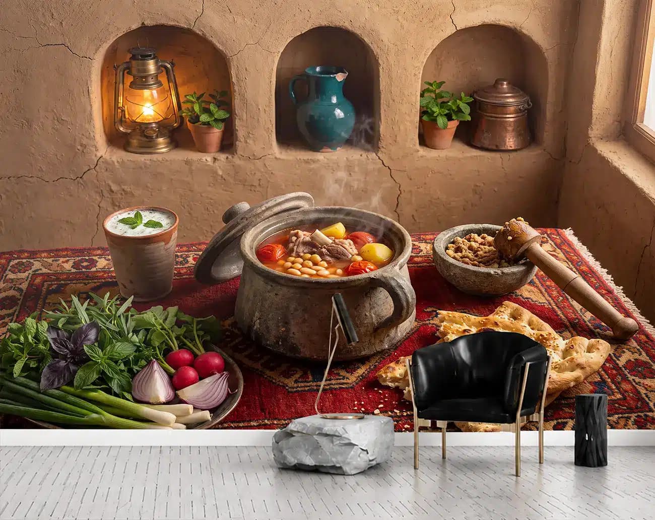 پوستر دیواری دیزی با نان و سبزی کنار طاقچه کاهگلی کد DA-(1161) | دکور دیزی‌سرا