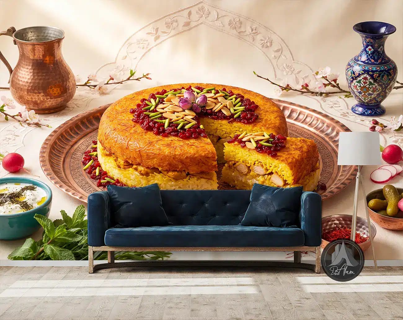پوستر دیواری ته‌چین مرغ زعفرانی در سینی مسی کد DA-(1160) | دکور آشپزخانه — تصویر ۳