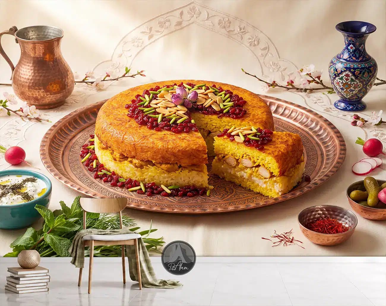 پوستر دیواری ته‌چین مرغ زعفرانی در سینی مسی کد DA-(1160) | دکور آشپزخانه