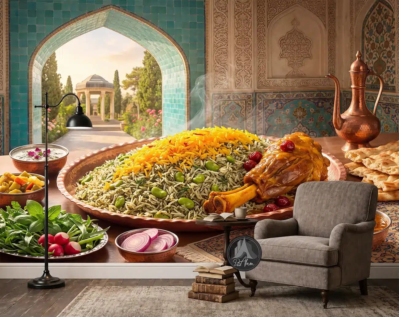 پوستر دیواری باقالی پلو با ماهیچه در ایوان ایرانی کد DA-(1159) | دکور رستوران سنتی — تصویر ۴