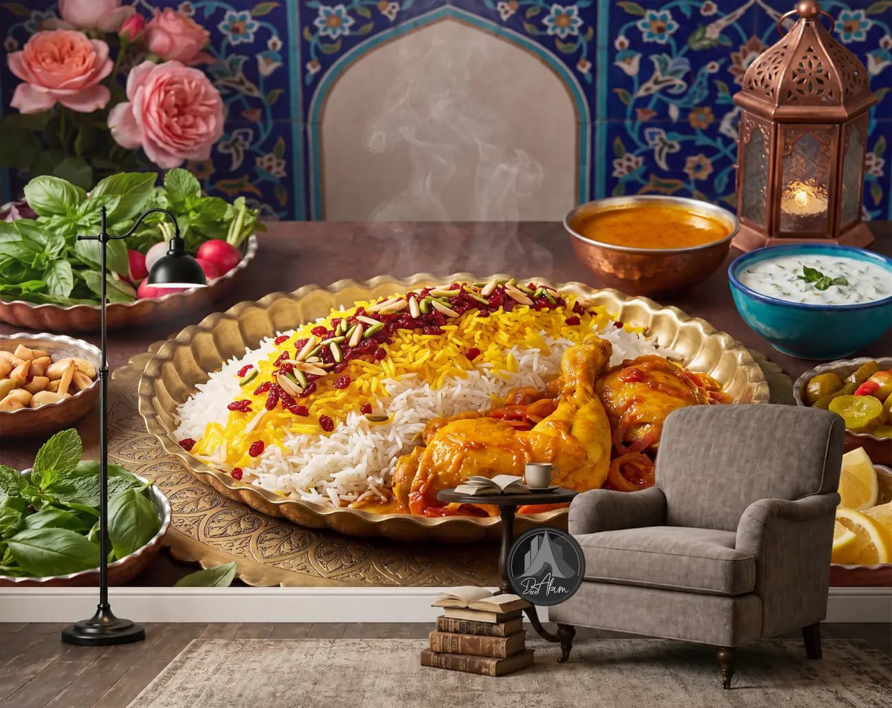 پوستر دیواری زرشک پلو با مرغ و کاشی‌کاری آبی کد DA-(1158) | دکور رستوران ایرانی — تصویر ۴