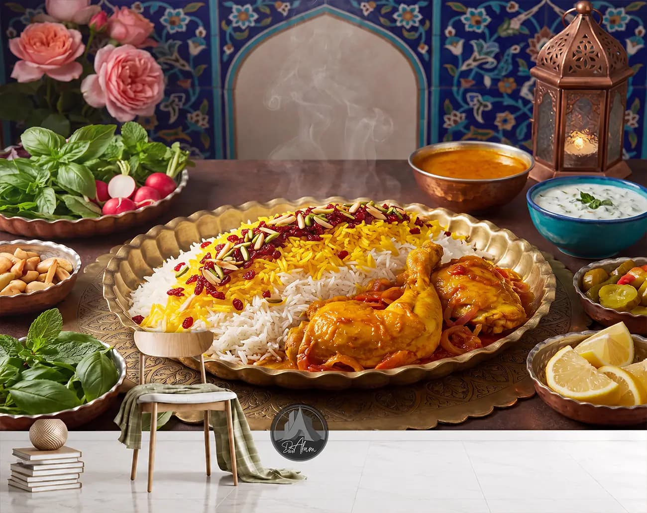 پوستر دیواری زرشک پلو با مرغ و کاشی‌کاری آبی کد DA-(1158) | دکور رستوران ایرانی