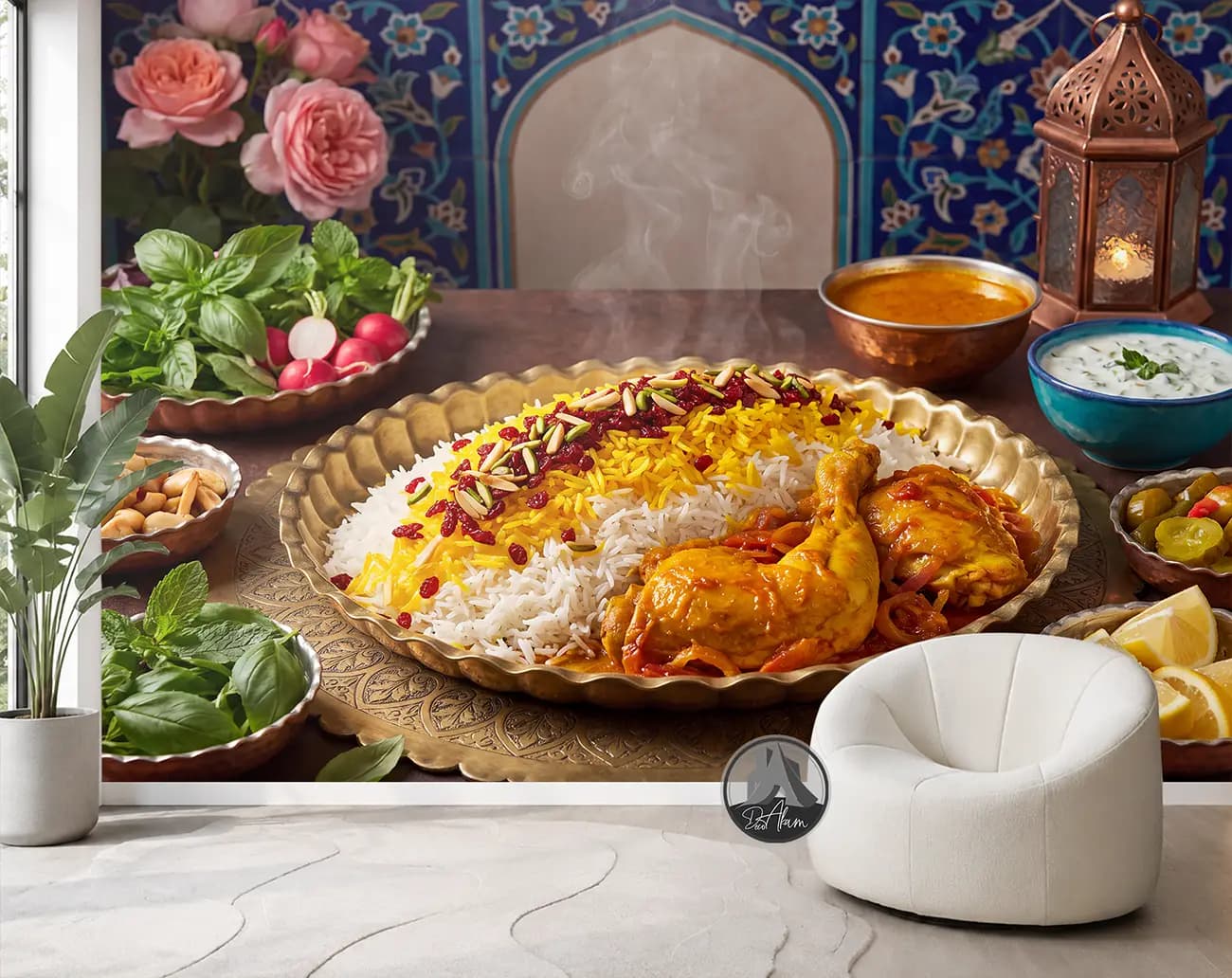 پوستر دیواری زرشک پلو با مرغ و کاشی‌کاری آبی کد DA-(1158) | دکور رستوران ایرانی — تصویر ۵