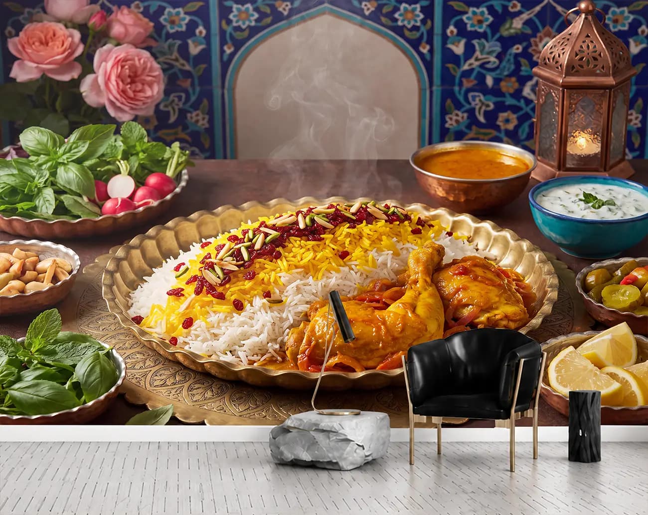 پوستر دیواری زرشک پلو با مرغ و کاشی‌کاری آبی کد DA-(1158) | دکور رستوران ایرانی — تصویر ۳