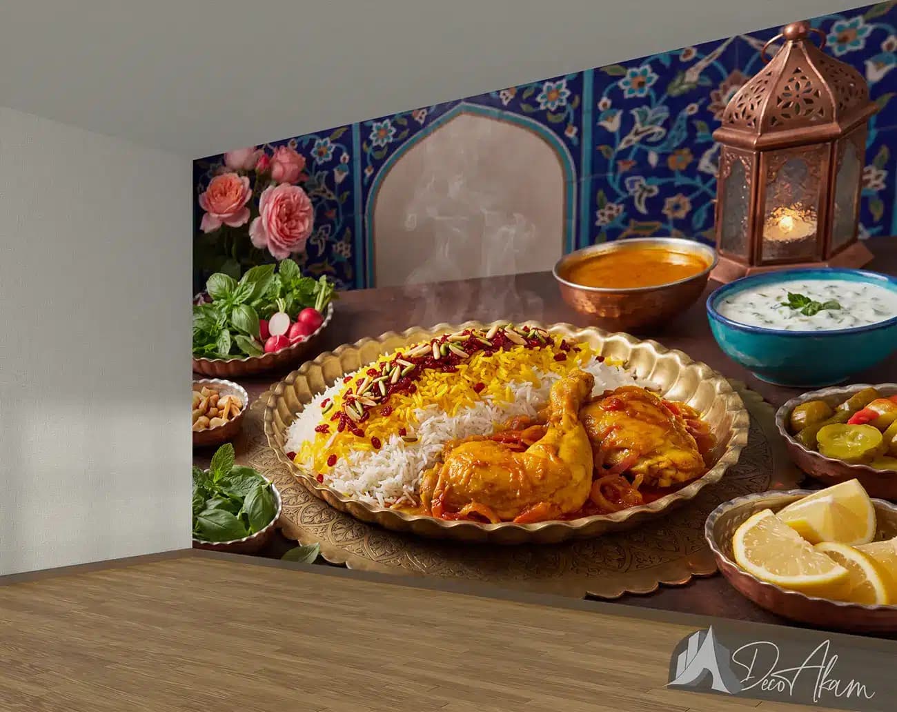پوستر دیواری زرشک پلو با مرغ و کاشی‌کاری آبی کد DA-(1158) | دکور رستوران ایرانی — تصویر ۲