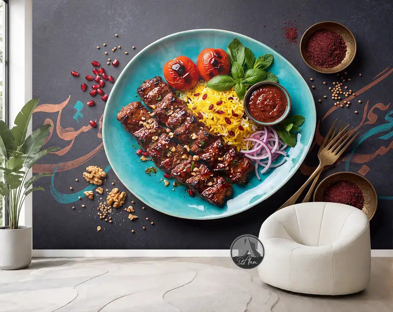 پوستر دیواری چلوکباب در بشقاب فیروزهای با خوشنویسی کد DA-(1156) | دکور رستوران — تصویر ۵