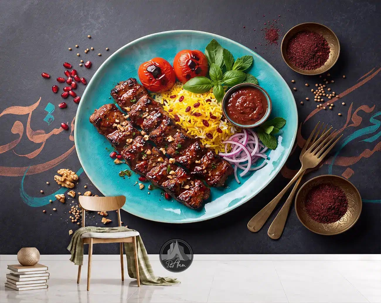 پوستر دیواری چلوکباب در بشقاب فیروزهای با خوشنویسی کد DA-(1156) | دکور رستوران
