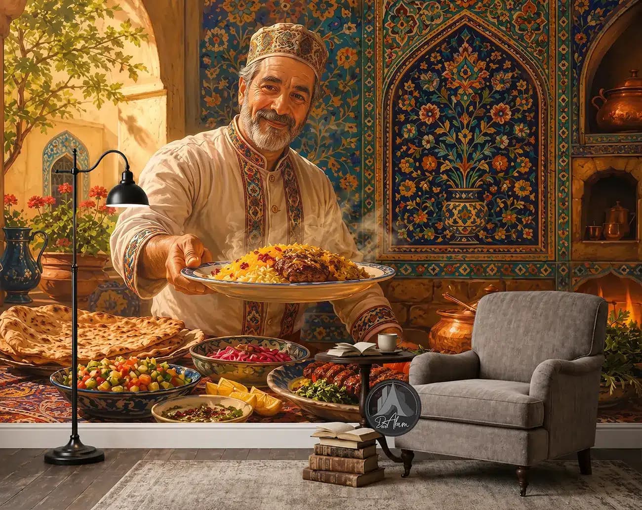 پوستر دیواری آشپز ایرانی و سفره چلوکباب کد DA-(1147) | دکور رستوران ایرانی — تصویر ۲
