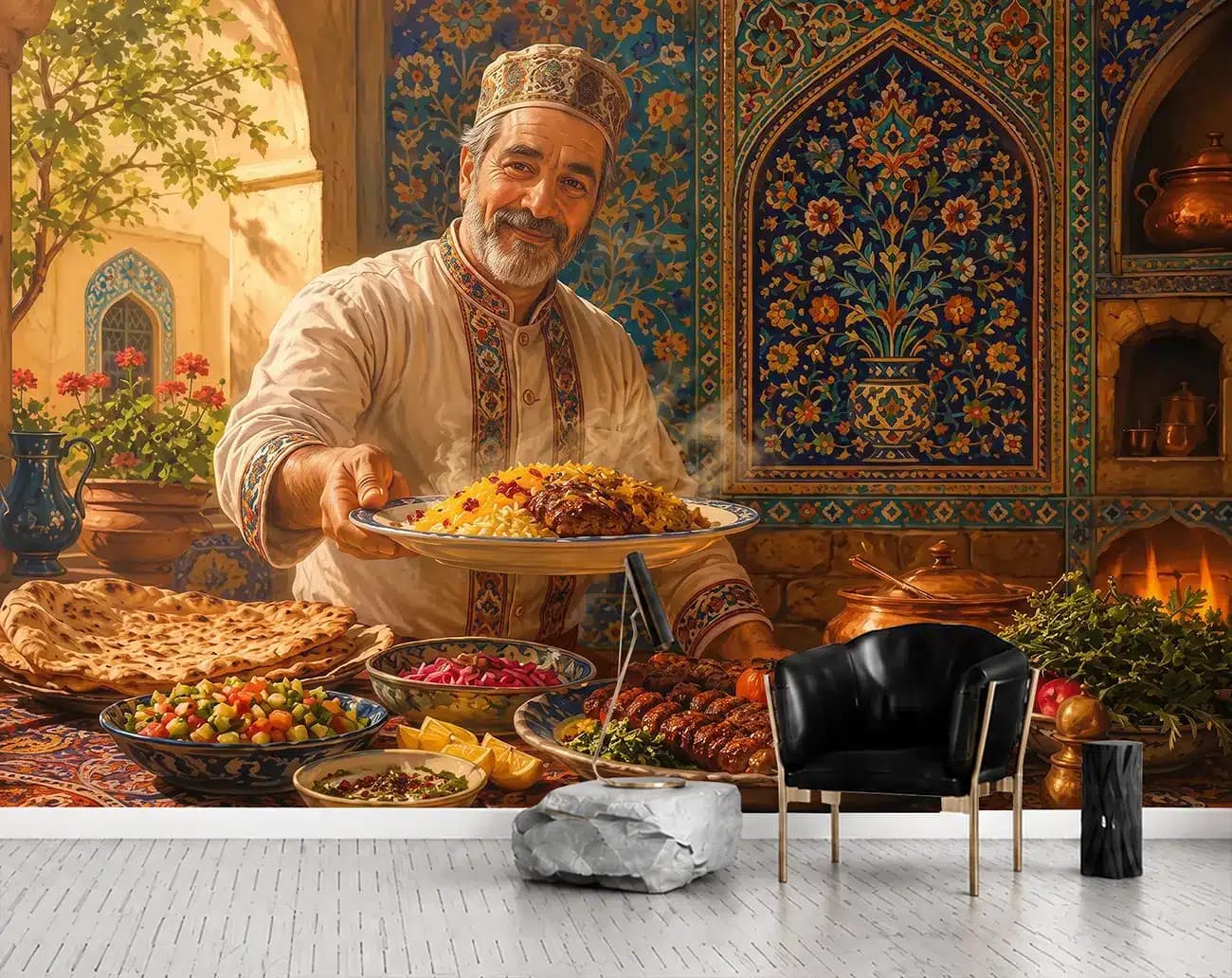 پوستر دیواری آشپز ایرانی و سفره چلوکباب کد DA-(1147) | دکور رستوران ایرانی