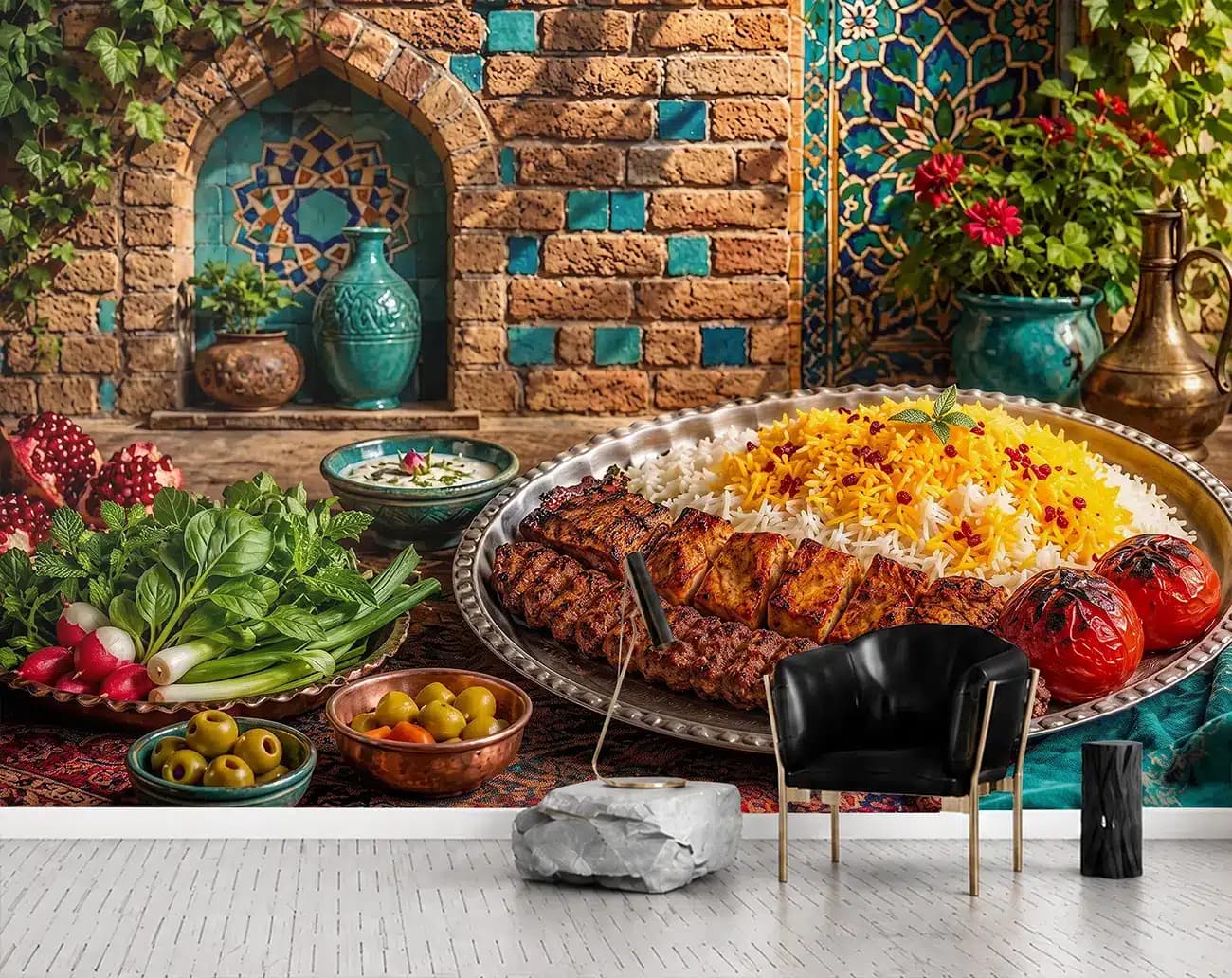 پوستر دیواری چلوکباب کوبیده کنار طاقچه آجری کد DA-(1145) | دکور رستوران سنتی — تصویر ۲
