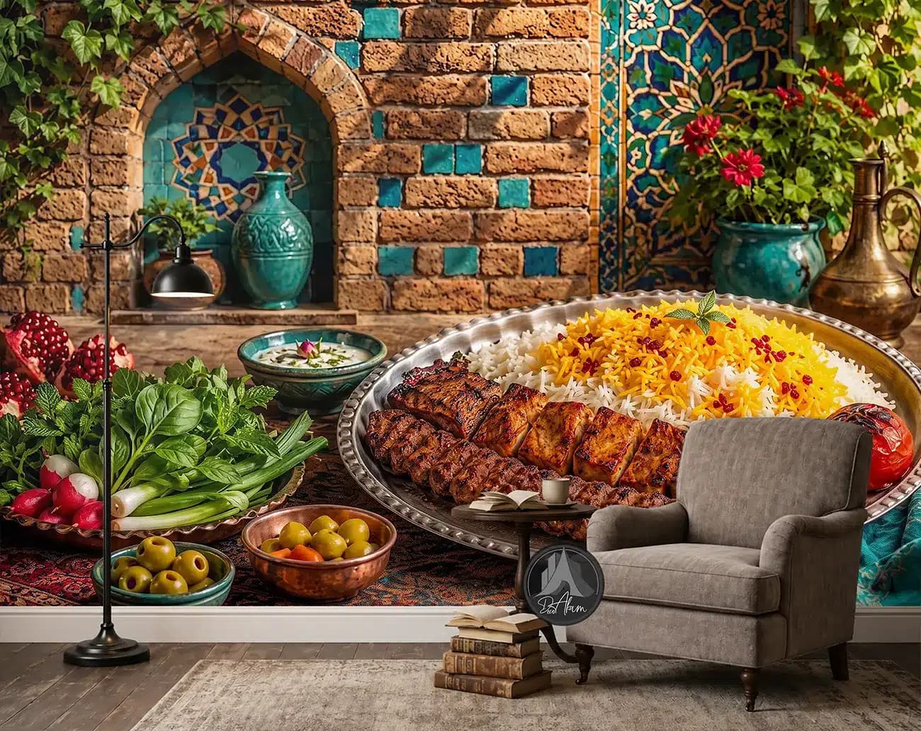 پوستر دیواری چلوکباب کوبیده کنار طاقچه آجری کد DA-(1145) | دکور رستوران سنتی — تصویر ۳