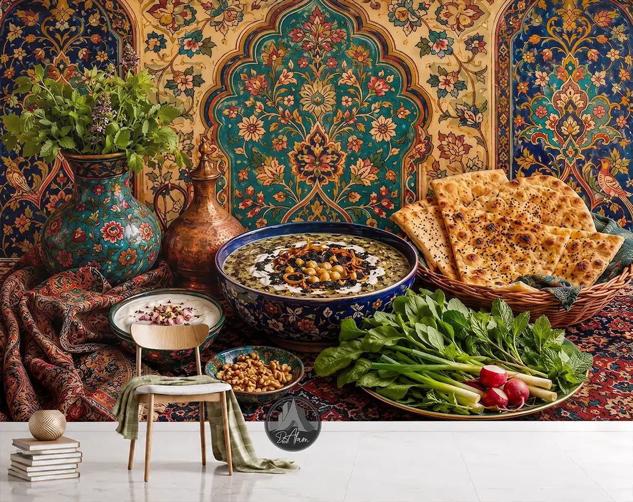 پوستر دیواری آش رشته سنتی با نان و سبزی کد DA-(1143) | دکور سفره‌خانه