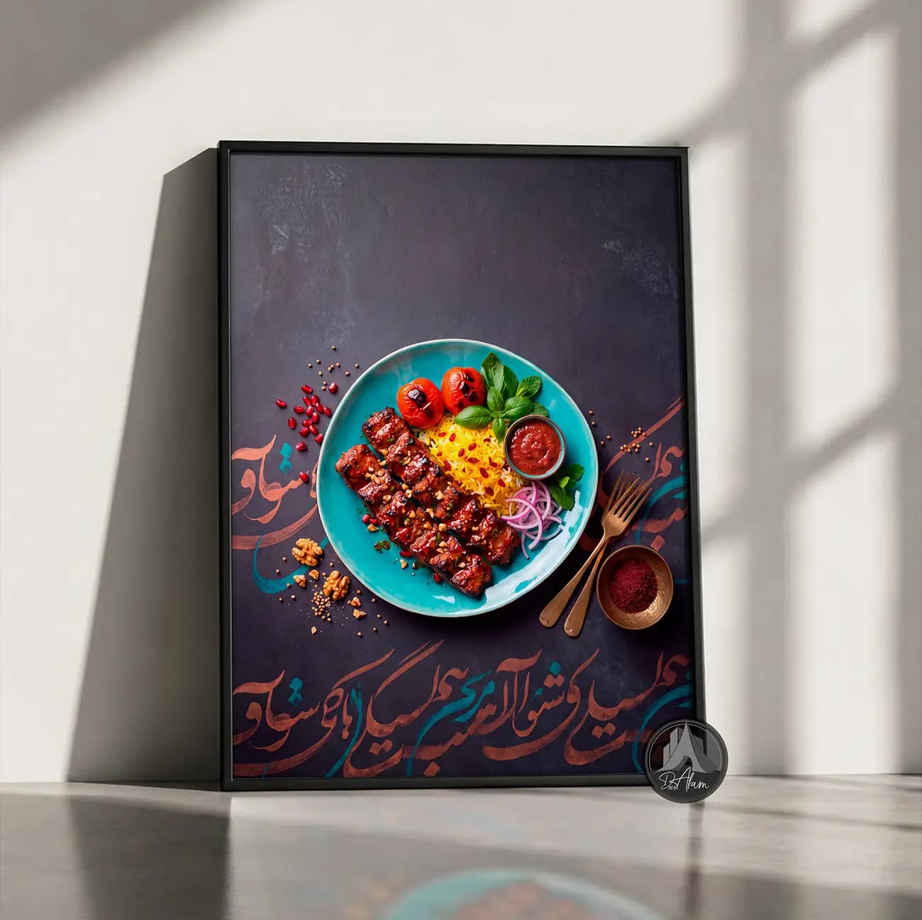 تابلو چلوکباب در بشقاب فیروزه‌ای با خوشنویسی کد DA-(1156) | دکور رستوران