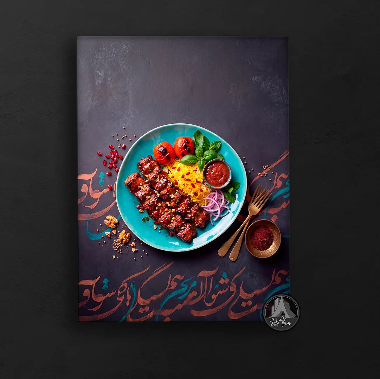 تابلو چلوکباب در بشقاب فیروزه‌ای با خوشنویسی کد DA-(1156) | دکور رستوران — تصویر ۴