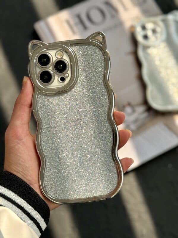 قاب آیفون گربه شاینی نقره ای گوش برجسته
