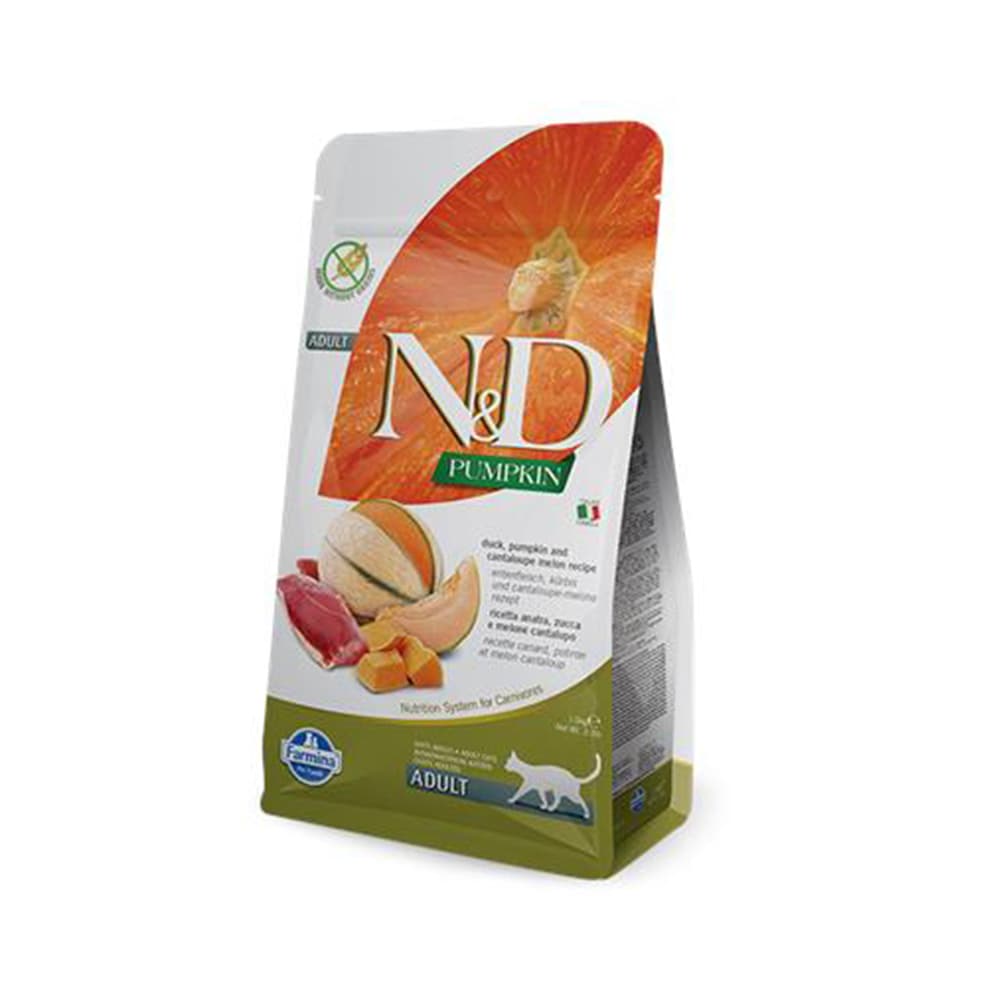 غذای خشک گربه بالغ بدون غلات N&D با طعم گوشت اردک، کدو حلوایی و طالبی 10 کیلو گرم N&D adult cat food grain free with duck, pumpkin and cantaloupe melon recipe